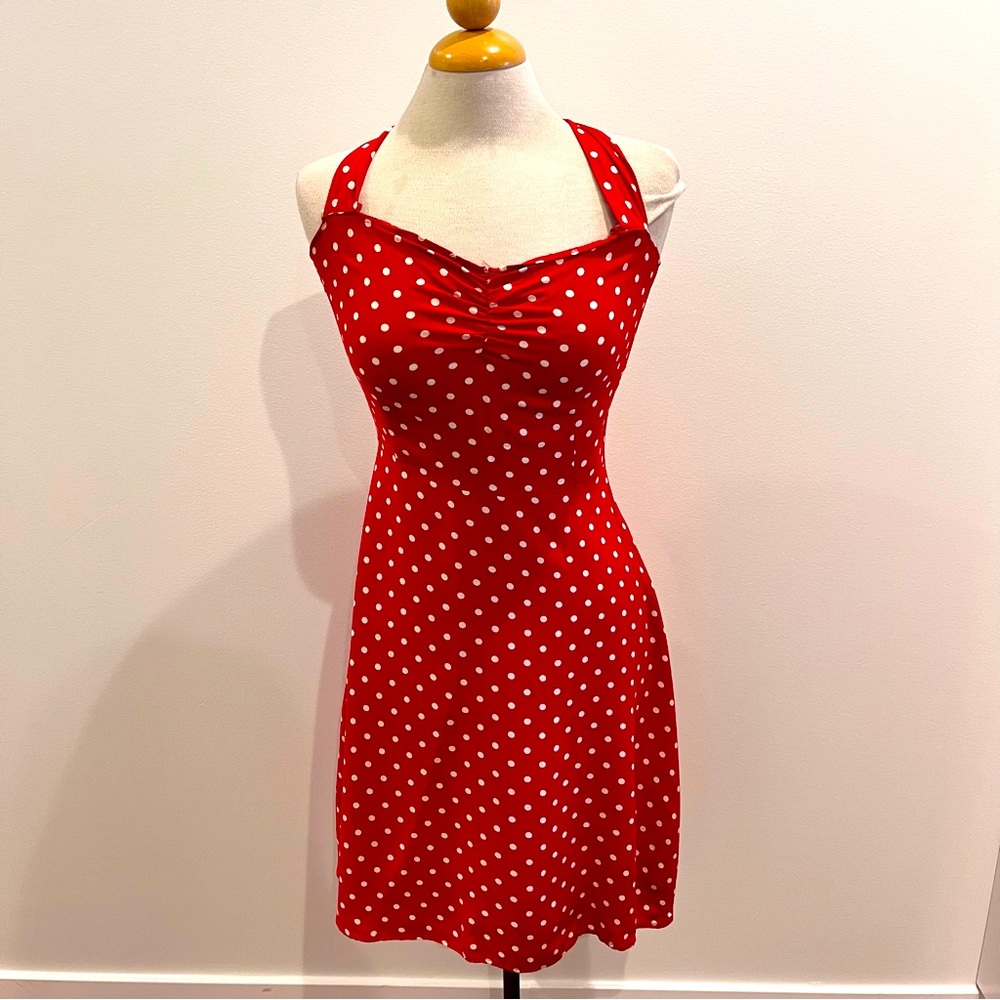 90s does 50s vintage rockabilly polka dot halter dress